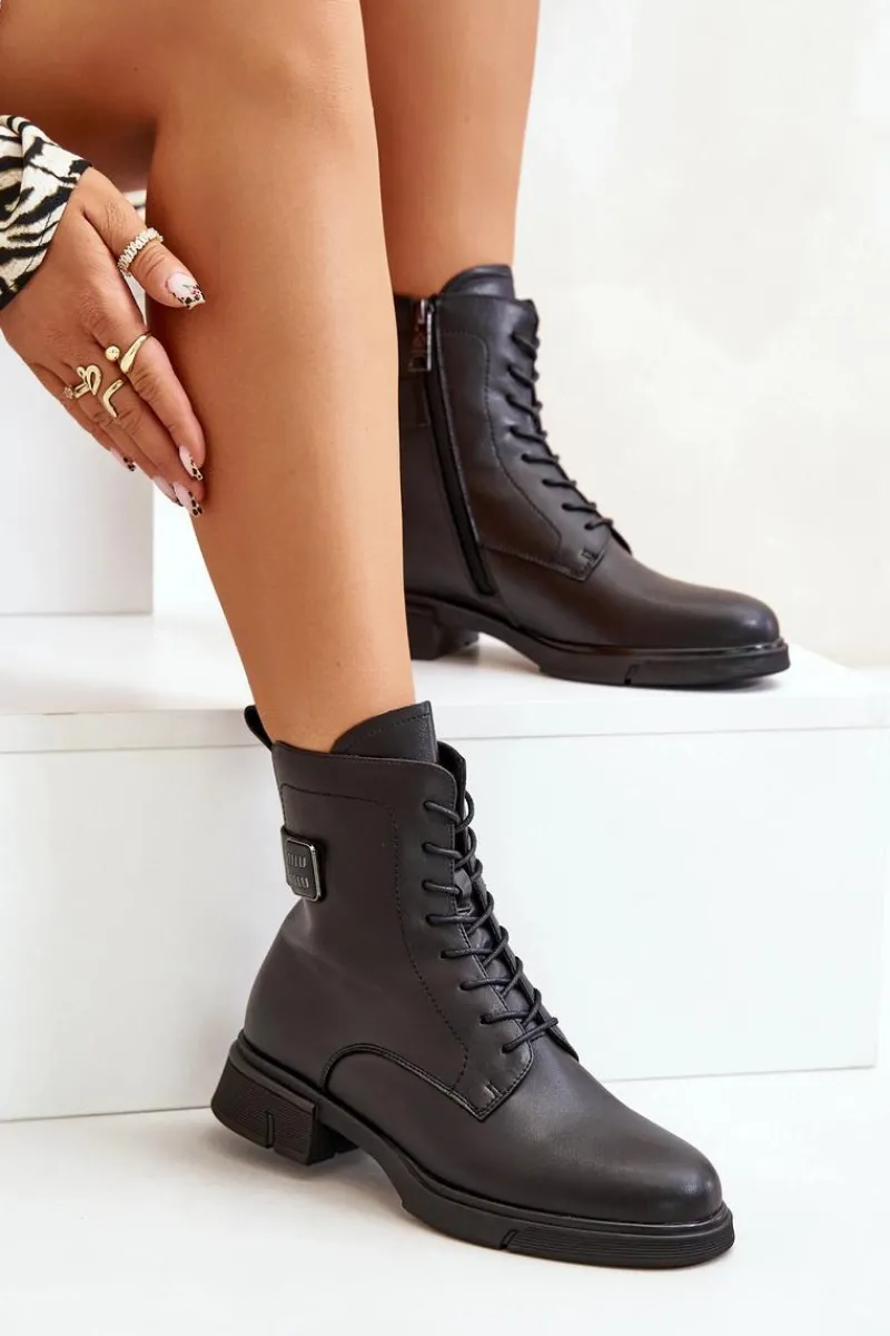 Botki Skórzane|Botki Sznurowane>Buty damskie Vinceza Ocieplane Botki Workery Damskie Skóra Naturalna Czarne Vinceza 66688