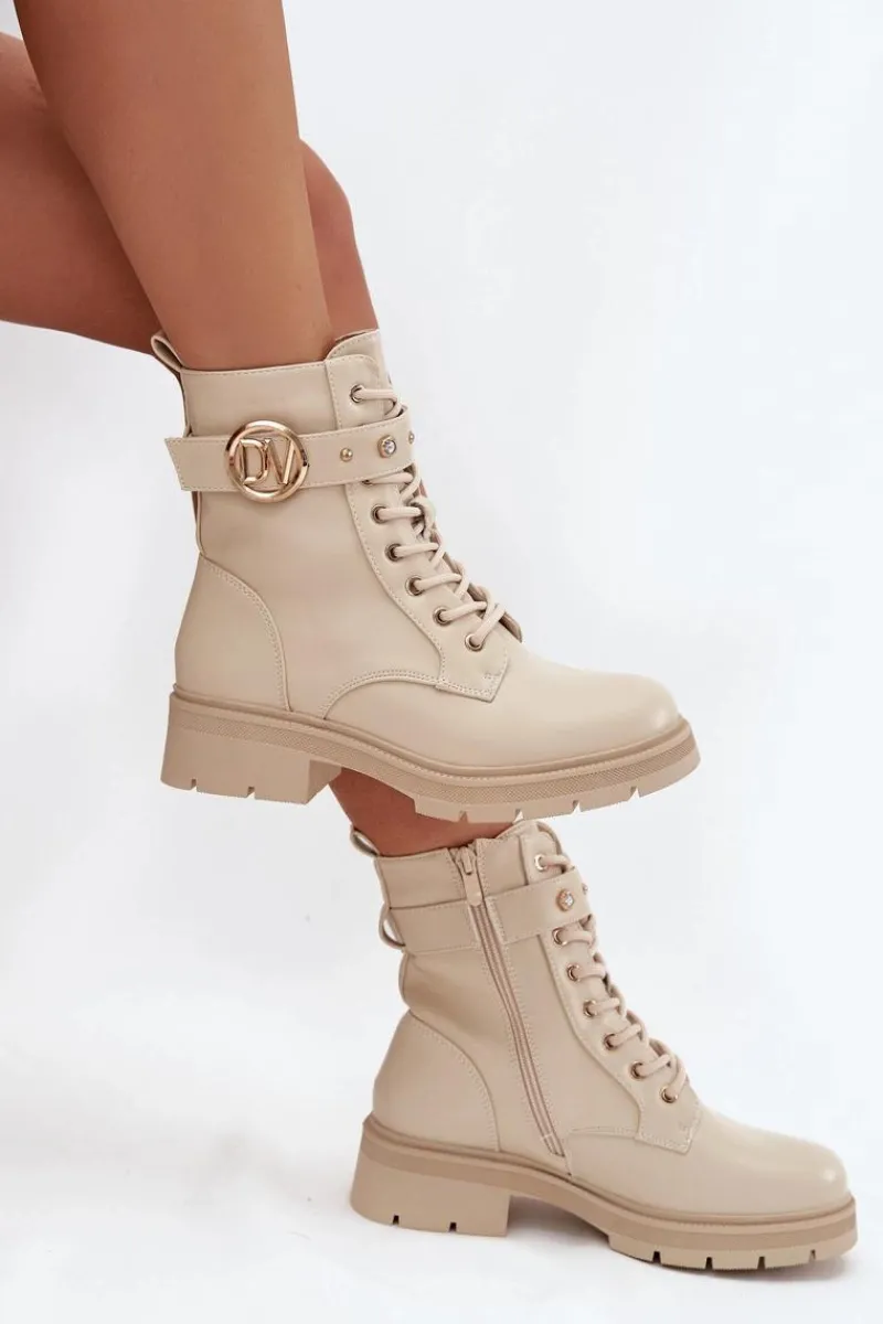 Sale Boto Ocieplane Botki Workery Damskie Z Ozdobnym Detalem Beżowe Talyssa