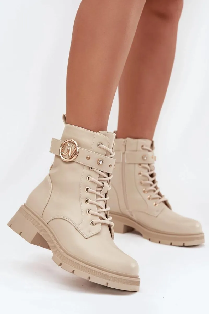 Sale Boto Ocieplane Botki Workery Damskie Z Ozdobnym Detalem Beżowe Talyssa