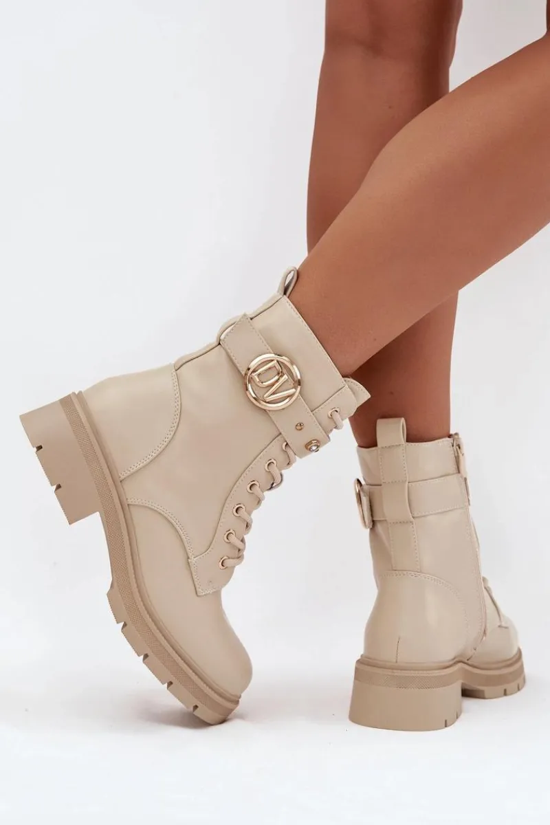 Sale Boto Ocieplane Botki Workery Damskie Z Ozdobnym Detalem Beżowe Talyssa