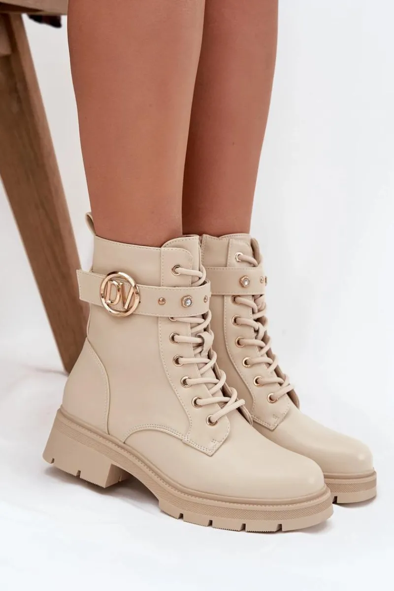 Sale Boto Ocieplane Botki Workery Damskie Z Ozdobnym Detalem Beżowe Talyssa