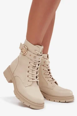 Sale Boto Ocieplane Botki Workery Damskie Z Ozdobnym Detalem Beżowe Talyssa