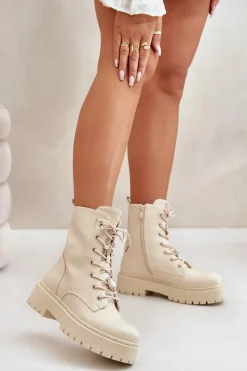 Hot Boto Ocieplane Botki Workery Damskie Z Przypinkami Beżowe Avorira