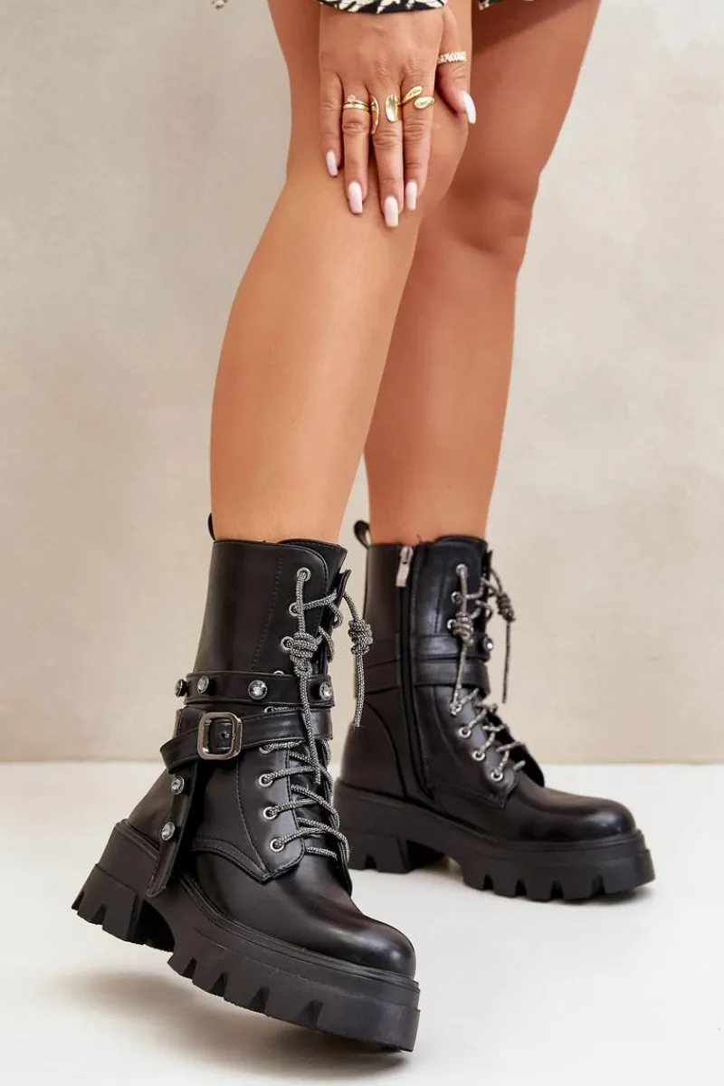 Sale Ocieplane Botki Workery Damskie Z Paskami Czarne Berivana Damskie Botki Sznurowane|Czarne Botki