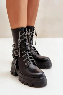 Sale Ocieplane Botki Workery Damskie Z Paskami Czarne Berivana Damskie Botki Sznurowane|Czarne Botki