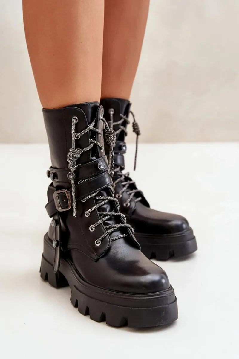 Sale Ocieplane Botki Workery Damskie Z Paskami Czarne Berivana Damskie Botki Sznurowane|Czarne Botki