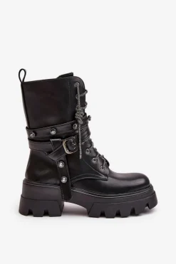 Sale Ocieplane Botki Workery Damskie Z Paskami Czarne Berivana Damskie Botki Sznurowane|Czarne Botki