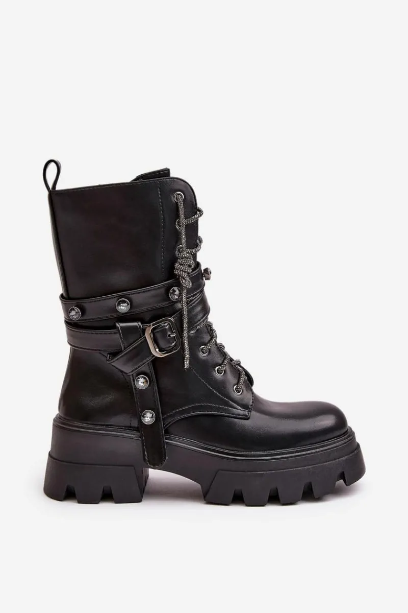 Sale Ocieplane Botki Workery Damskie Z Paskami Czarne Berivana Damskie Botki Sznurowane|Czarne Botki