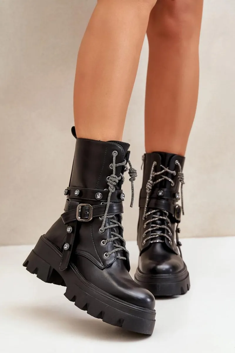 Sale Ocieplane Botki Workery Damskie Z Paskami Czarne Berivana Damskie Botki Sznurowane|Czarne Botki