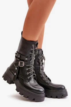 Sale Ocieplane Botki Workery Damskie Z Paskami Czarne Berivana Damskie Botki Sznurowane|Czarne Botki