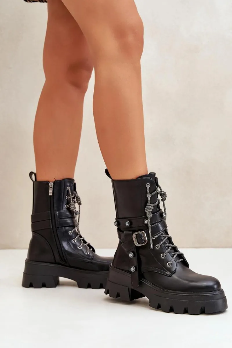 Sale Ocieplane Botki Workery Damskie Z Paskami Czarne Berivana Damskie Botki Sznurowane|Czarne Botki