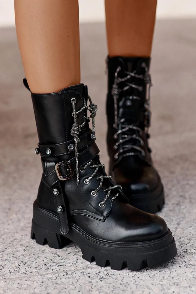 Sale Ocieplane Botki Workery Damskie Z Paskami Czarne Berivana Damskie Botki Sznurowane|Czarne Botki