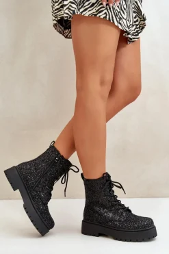 Botki Sznurowane|Botki Płaskie>Boto Ocieplane Botki Workery Damskie Ozdobione Cekinami Czarne Liatheine