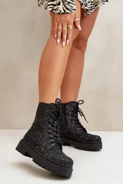 Botki Sznurowane|Botki Płaskie>Boto Ocieplane Botki Workery Damskie Ozdobione Cekinami Czarne Liatheine