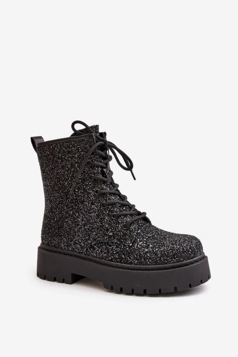 Botki Sznurowane|Botki Płaskie>Boto Ocieplane Botki Workery Damskie Ozdobione Cekinami Czarne Liatheine