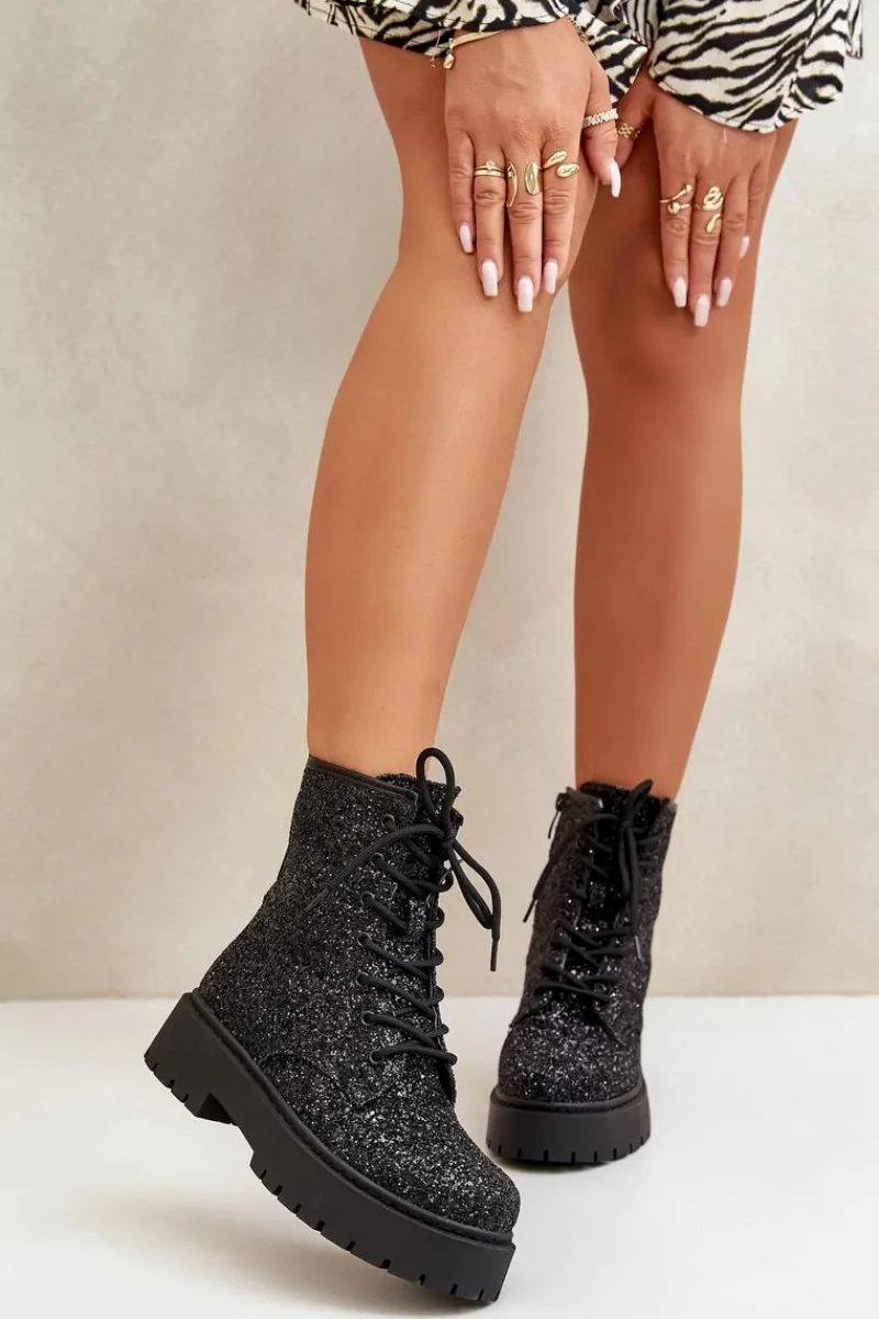 Botki Sznurowane|Botki Płaskie>Boto Ocieplane Botki Workery Damskie Ozdobione Cekinami Czarne Liatheine