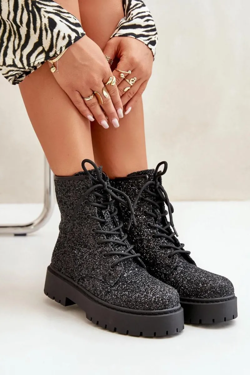 Botki Sznurowane|Botki Płaskie>Boto Ocieplane Botki Workery Damskie Ozdobione Cekinami Czarne Liatheine