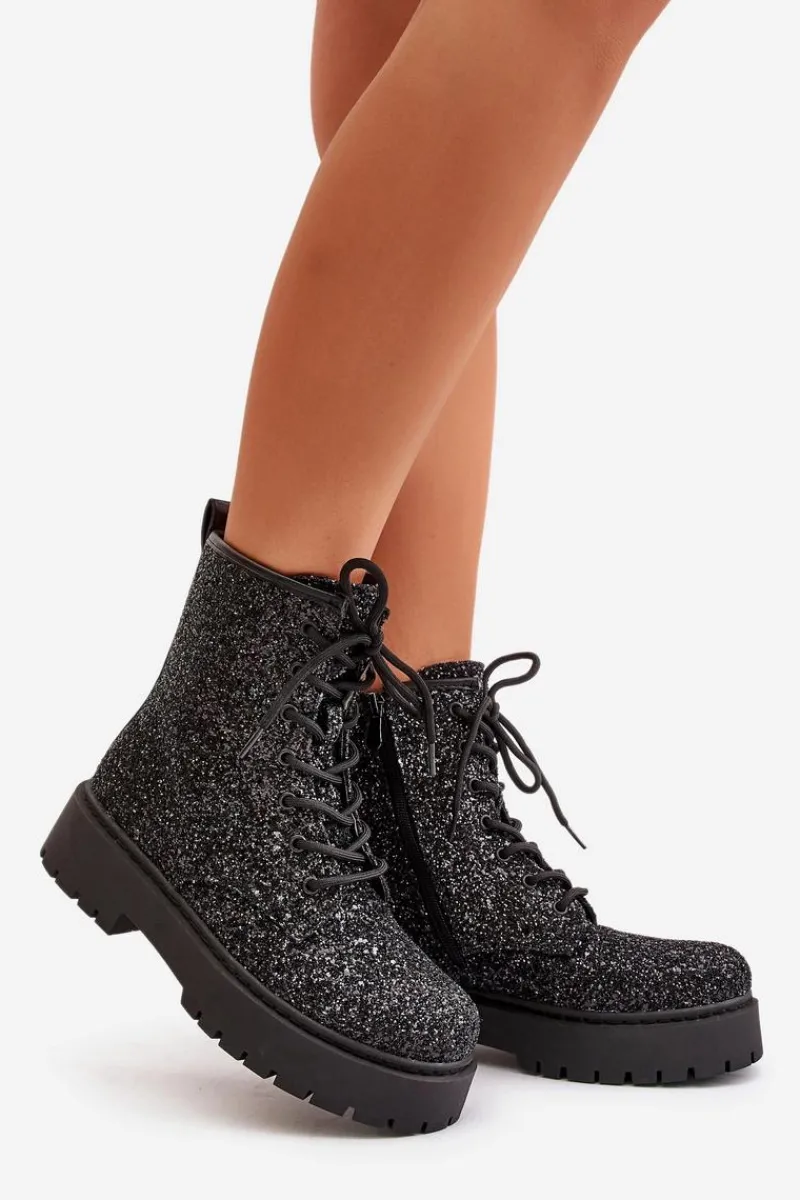 Botki Sznurowane|Botki Płaskie>Boto Ocieplane Botki Workery Damskie Ozdobione Cekinami Czarne Liatheine