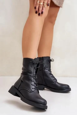 Botki Sznurowane|Czarne Botki>Evento Ocieplane Botki Workery Damskie Eko Skórzane Czarne Ellittia