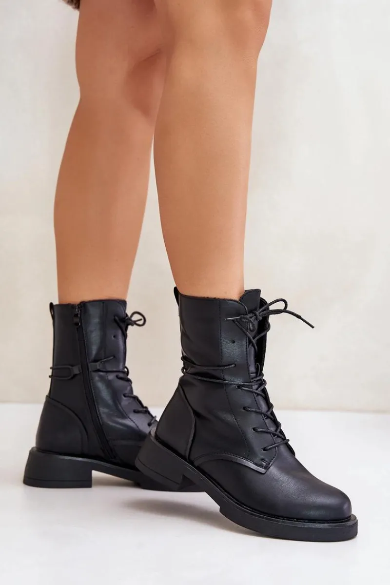 Botki Sznurowane|Czarne Botki>Evento Ocieplane Botki Workery Damskie Eko Skórzane Czarne Ellittia