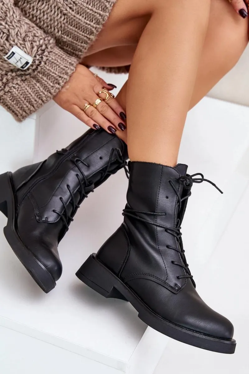 Botki Sznurowane|Czarne Botki>Evento Ocieplane Botki Workery Damskie Eko Skórzane Czarne Ellittia