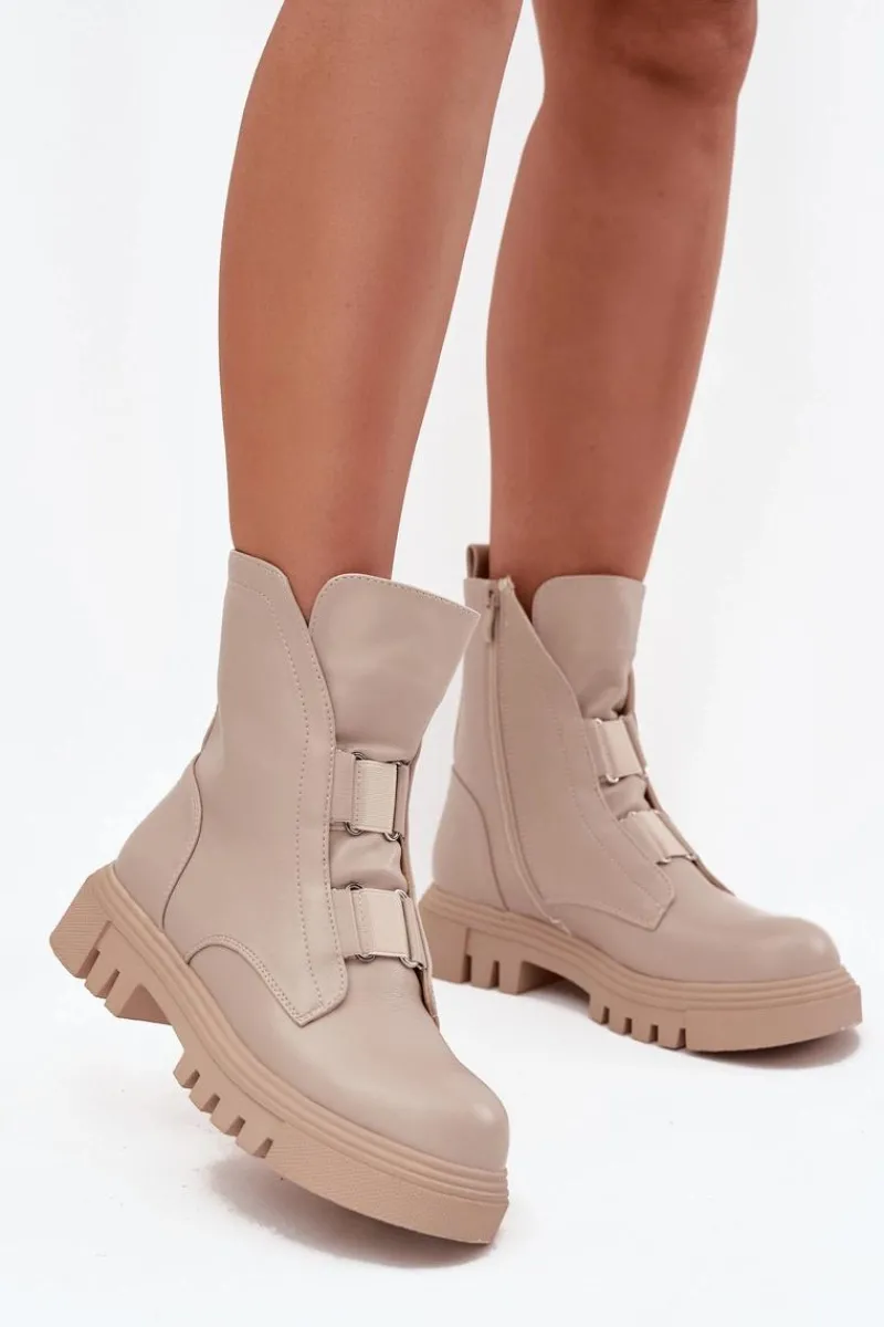 Hot Ocieplane Botki Workery Damskie Na Zamek Eko Skórzane Jasnobeżowe Mailyra Damskie Botki Zimowe Damskie|Brązowe I Beżowe Botki