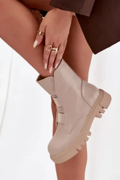 Hot Ocieplane Botki Workery Damskie Na Zamek Eko Skórzane Jasnobeżowe Mailyra Damskie Botki Zimowe Damskie|Brązowe I Beżowe Botki