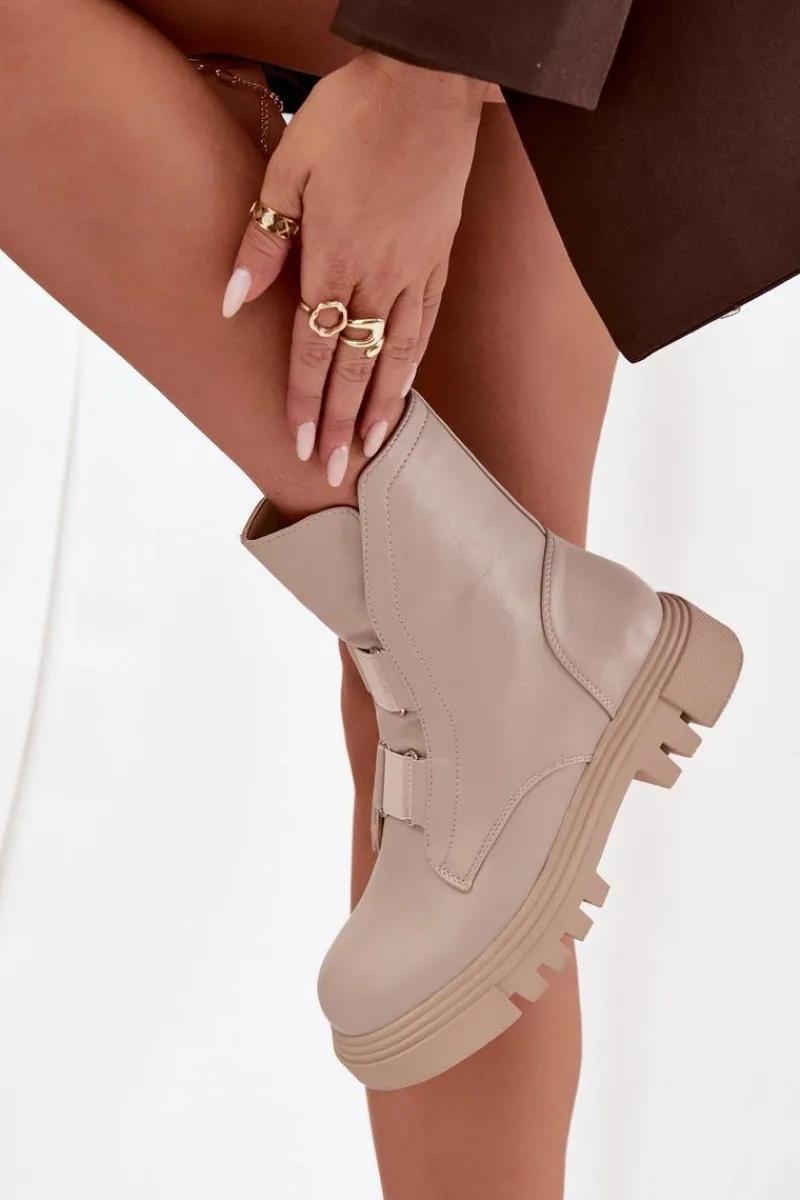 Hot Ocieplane Botki Workery Damskie Na Zamek Eko Skórzane Jasnobeżowe Mailyra Damskie Botki Zimowe Damskie|Brązowe I Beżowe Botki