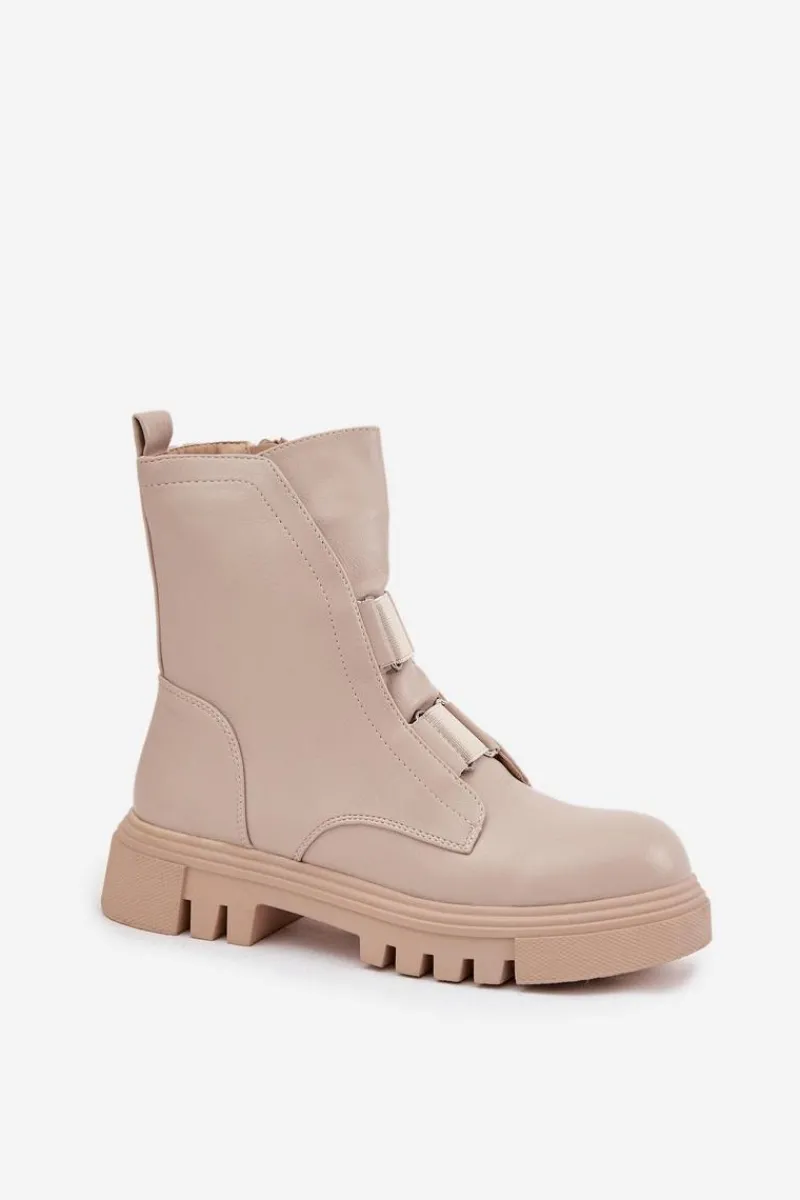 Hot Ocieplane Botki Workery Damskie Na Zamek Eko Skórzane Jasnobeżowe Mailyra Damskie Botki Zimowe Damskie|Brązowe I Beżowe Botki