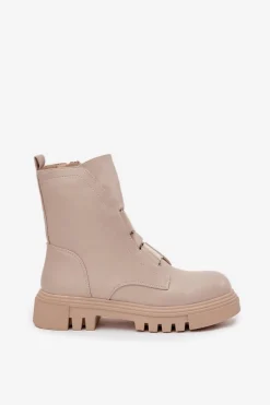 Hot Ocieplane Botki Workery Damskie Na Zamek Eko Skórzane Jasnobeżowe Mailyra Damskie Botki Zimowe Damskie|Brązowe I Beżowe Botki