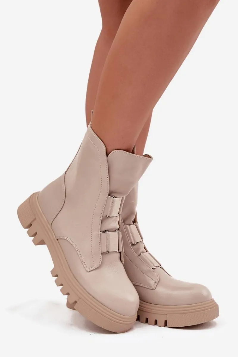 Hot Ocieplane Botki Workery Damskie Na Zamek Eko Skórzane Jasnobeżowe Mailyra Damskie Botki Zimowe Damskie|Brązowe I Beżowe Botki