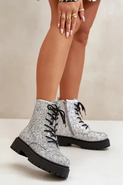 Sale Boto Ocieplane Botki Workery Damskie Ozdobione Cekinami Srebrne Liatheine