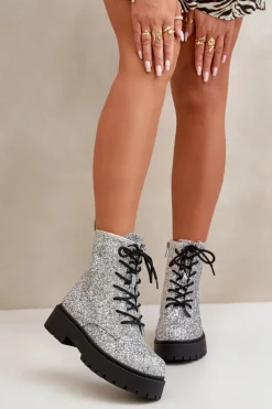 Sale Boto Ocieplane Botki Workery Damskie Ozdobione Cekinami Srebrne Liatheine