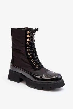 Best Ocieplane Botki Workery Na Płaskim Obcasie Czarne Saranema Damskie Botki Ocieplane|Botki Sznurowane