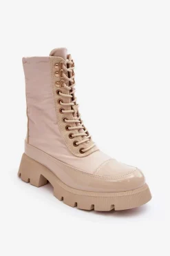 Hot Boto Ocieplane Botki Workery Na Płaskim Obcasie Beżowe Saranema