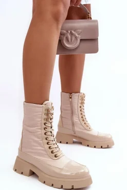 Hot Boto Ocieplane Botki Workery Na Płaskim Obcasie Beżowe Saranema