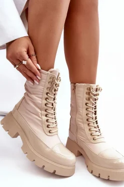 Hot Boto Ocieplane Botki Workery Na Płaskim Obcasie Beżowe Saranema