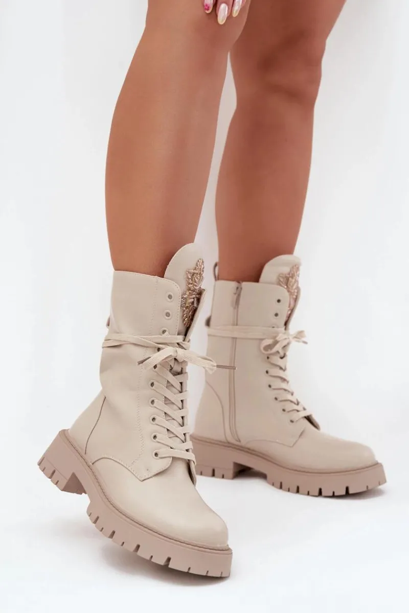 Online Boto Ocieplane Botki Workery Z Ozdobą Beżowe Kelilea Beżowy