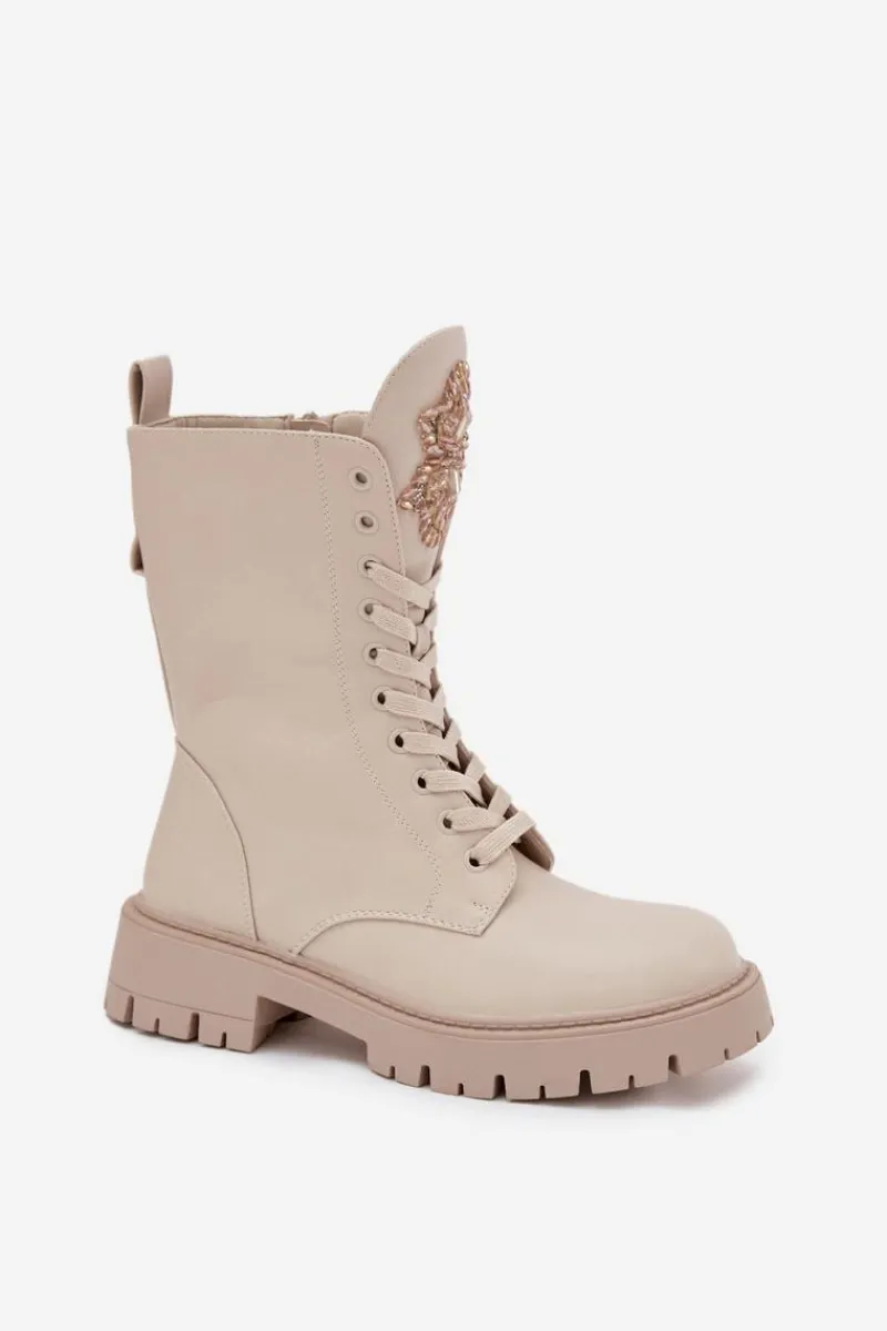 Online Boto Ocieplane Botki Workery Z Ozdobą Beżowe Kelilea Beżowy