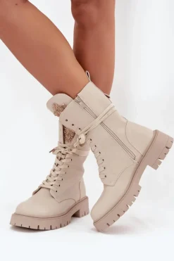 Online Boto Ocieplane Botki Workery Z Ozdobą Beżowe Kelilea Beżowy