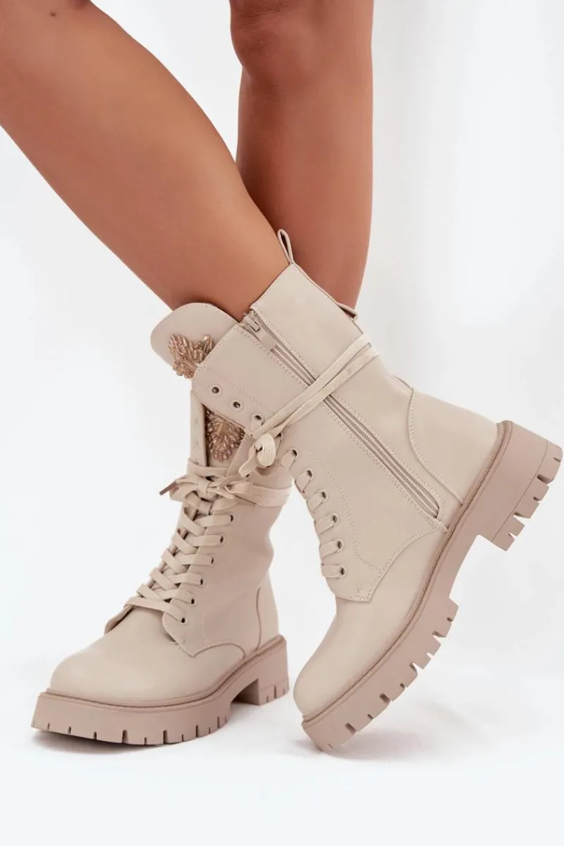 Online Boto Ocieplane Botki Workery Z Ozdobą Beżowe Kelilea Beżowy