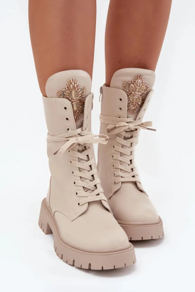 Online Boto Ocieplane Botki Workery Z Ozdobą Beżowe Kelilea Beżowy