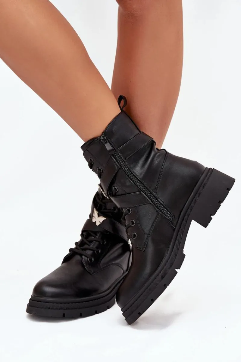 Best Boto Ocieplane Botki Workery Z Paskiem I Srebrnymi Przypinkami Czarne Kaelina