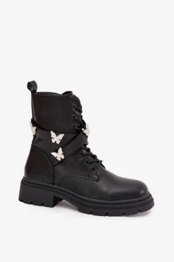 Best Boto Ocieplane Botki Workery Z Paskiem I Srebrnymi Przypinkami Czarne Kaelina