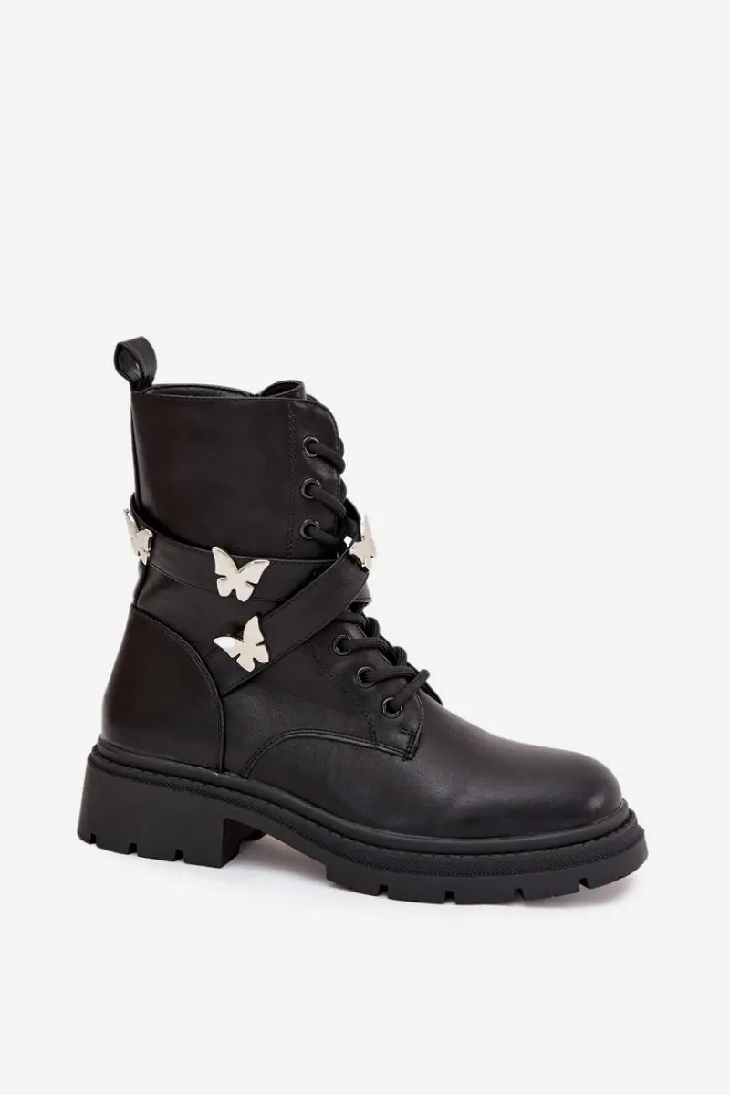 Best Boto Ocieplane Botki Workery Z Paskiem I Srebrnymi Przypinkami Czarne Kaelina