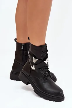 Best Boto Ocieplane Botki Workery Z Paskiem I Srebrnymi Przypinkami Czarne Kaelina