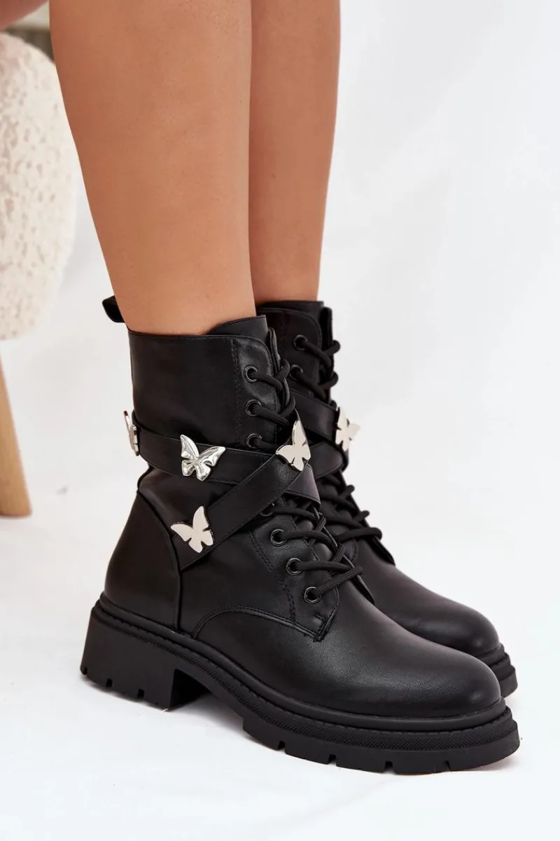 Best Boto Ocieplane Botki Workery Z Paskiem I Srebrnymi Przypinkami Czarne Kaelina