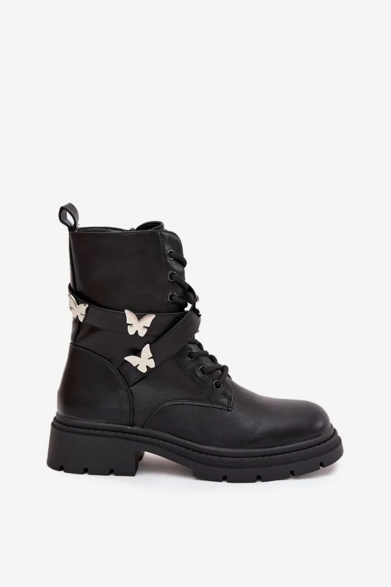 Best Boto Ocieplane Botki Workery Z Paskiem I Srebrnymi Przypinkami Czarne Kaelina