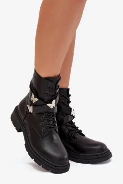 Best Boto Ocieplane Botki Workery Z Paskiem I Srebrnymi Przypinkami Czarne Kaelina