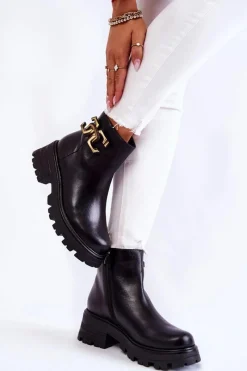 New Ocieplane Botki Workery Z Ozdobą 2500 Czarne Damskie Botki Skórzane|Czarne Botki